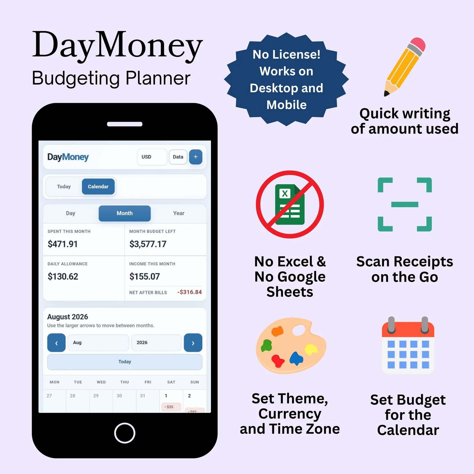 DayMoney visual budgeting planner on mobile with calendar budgeting, Quick Write and receipt scanning