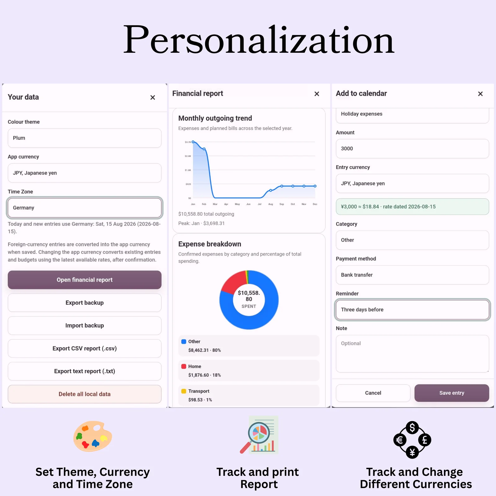 DayMoney personalisation, financial reports, budgets, currency settings and recurring calendar entry controls