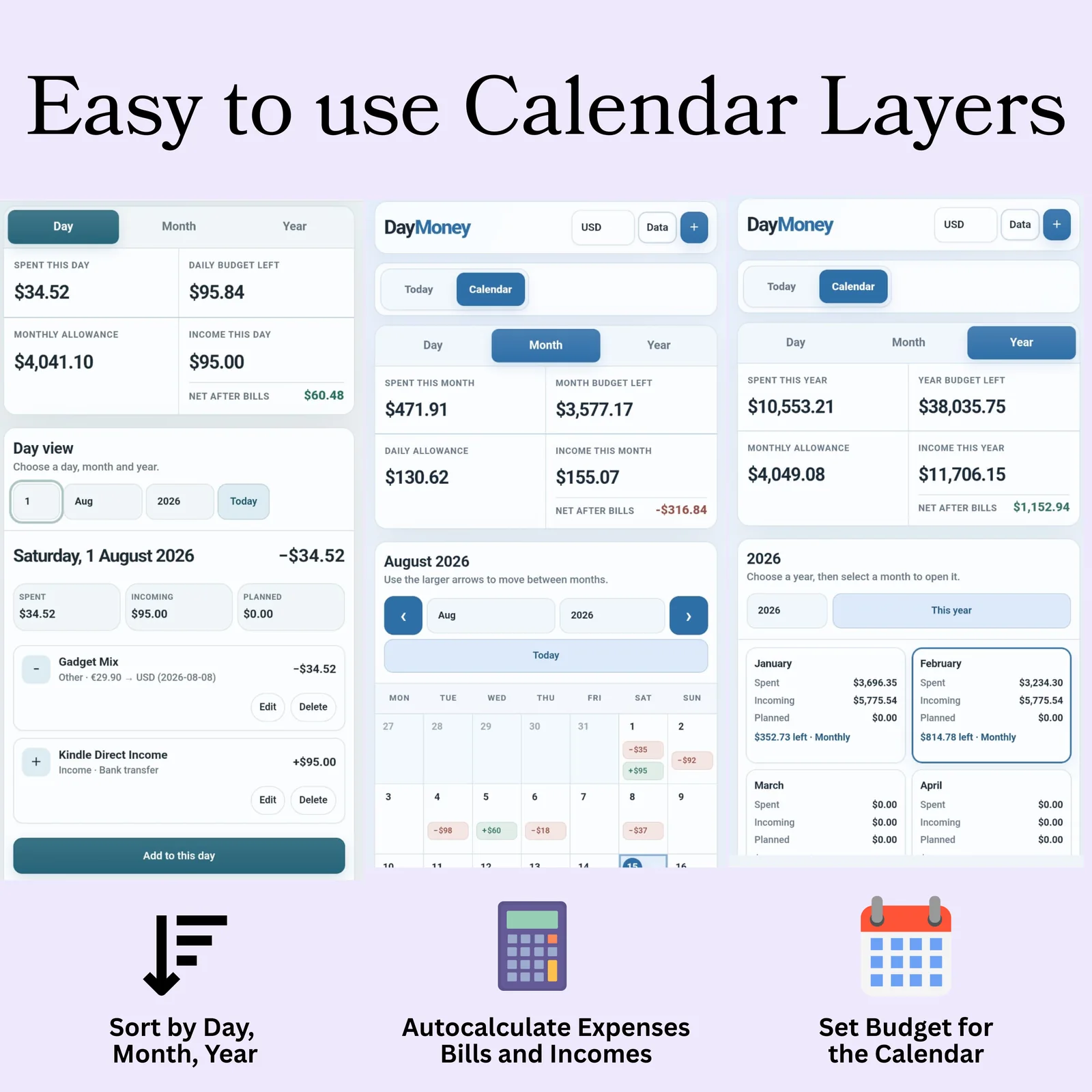 DayMoney day, month and year budget calendar with expense, income and planned bill summaries