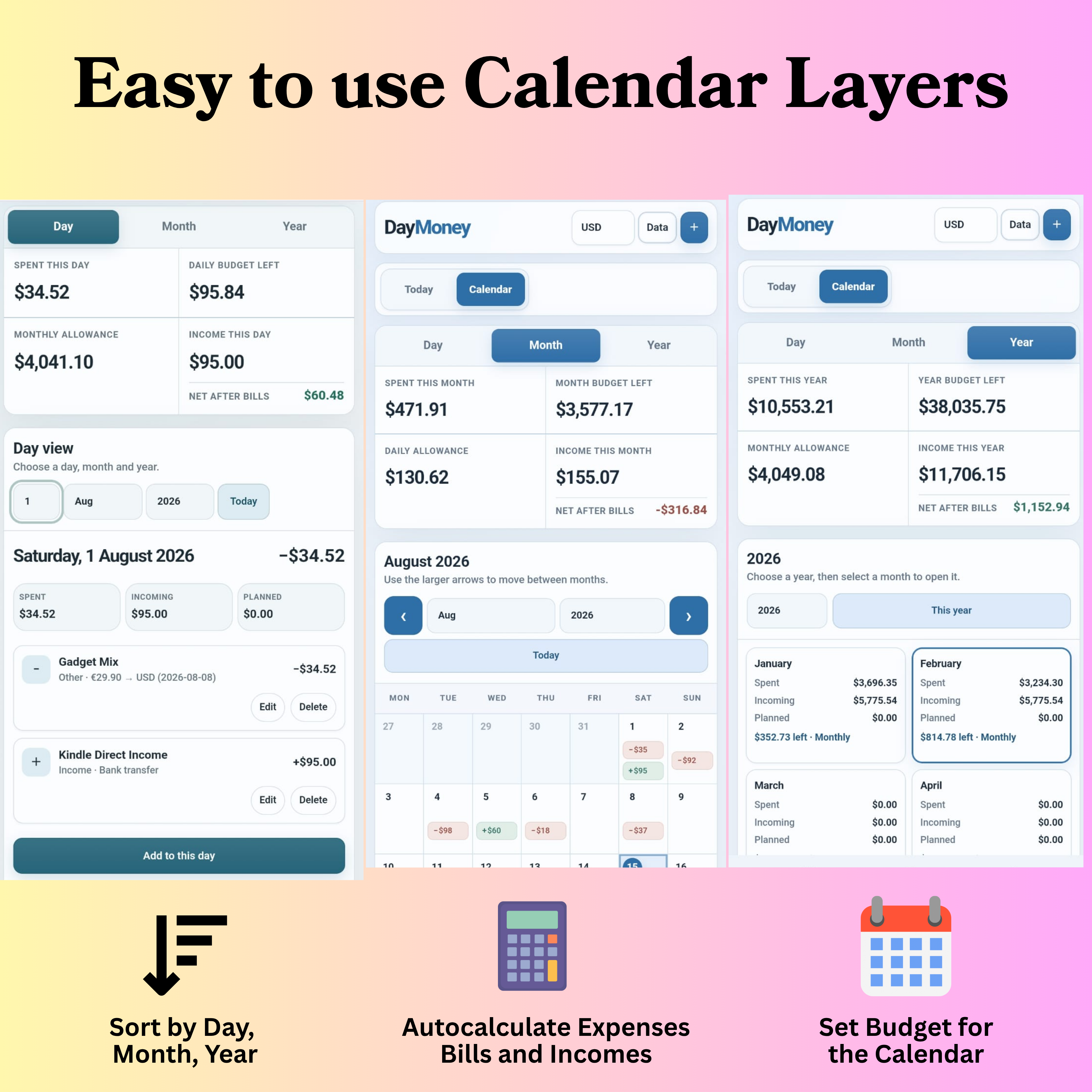 DayMoney day, month and year calendar layers with automatic expense, bill, income and budget calculations