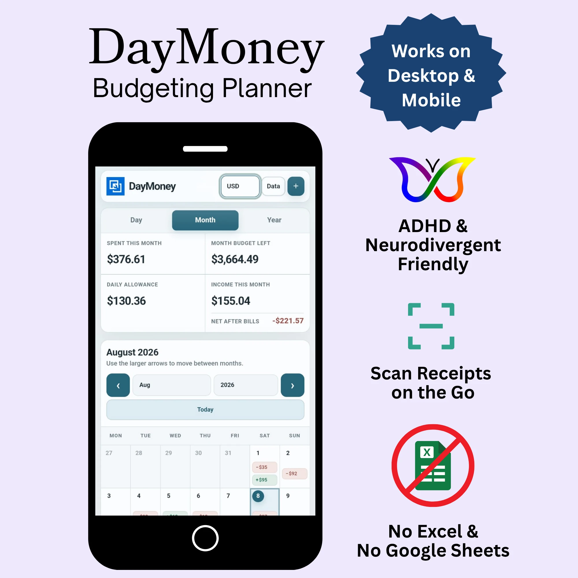 DayMoney budgeting planner for desktop and mobile with receipt scanning, neurodivergent-friendly design and no Excel or Google Sheets required