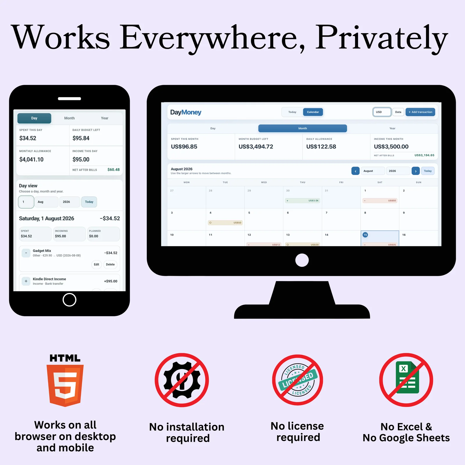 DayMoney private browser budgeting workspace across mobile and desktop with no installation or spreadsheet required