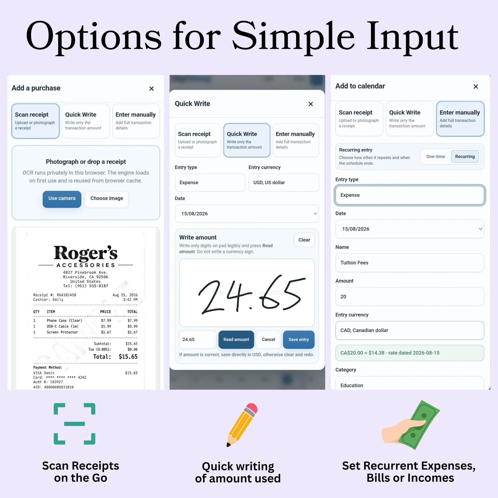 DayMoney receipt OCR scanning, Quick Write handwriting input and recurring transaction entry workflows