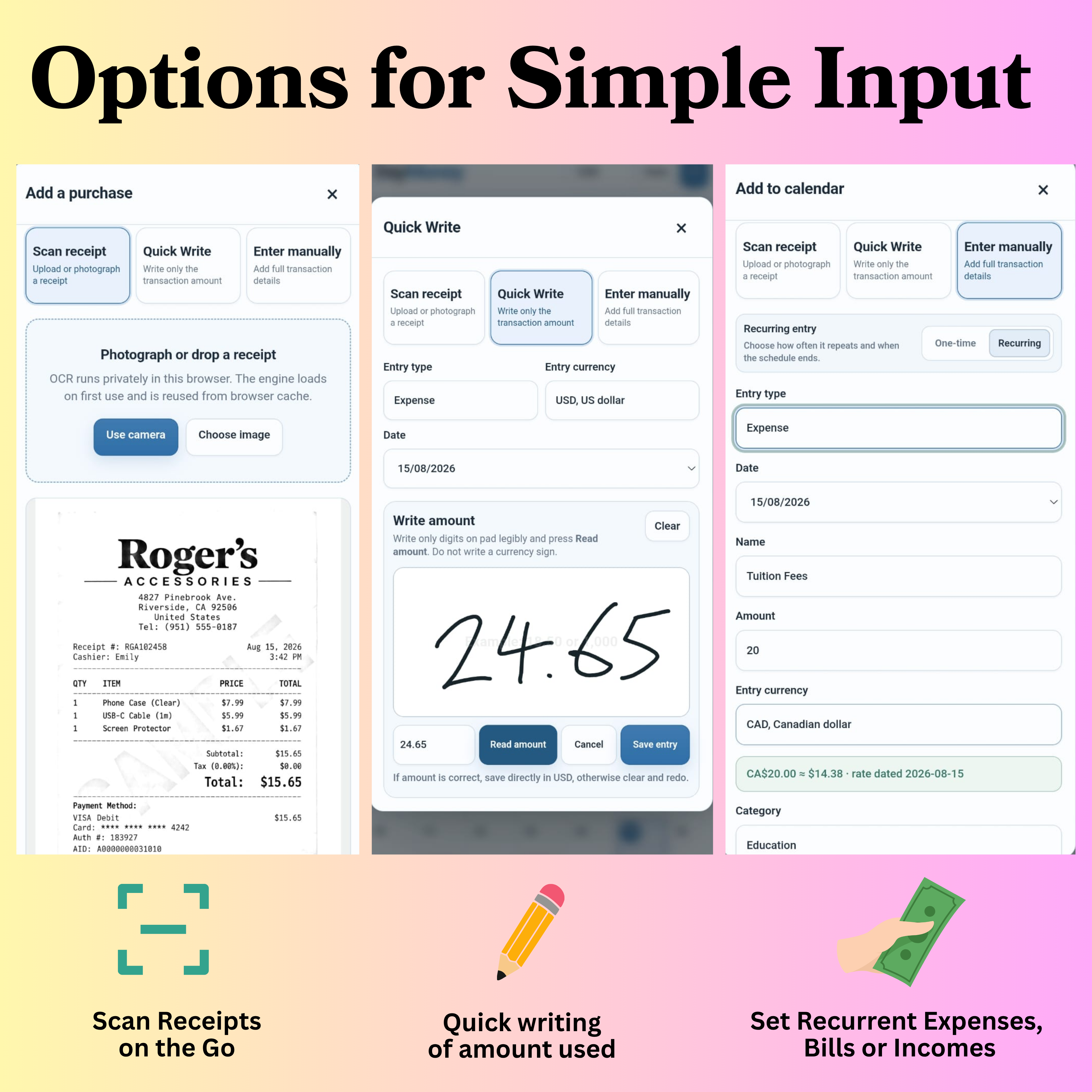 DayMoney input options for receipt scanning, Quick Write handwriting and manual recurring entries
