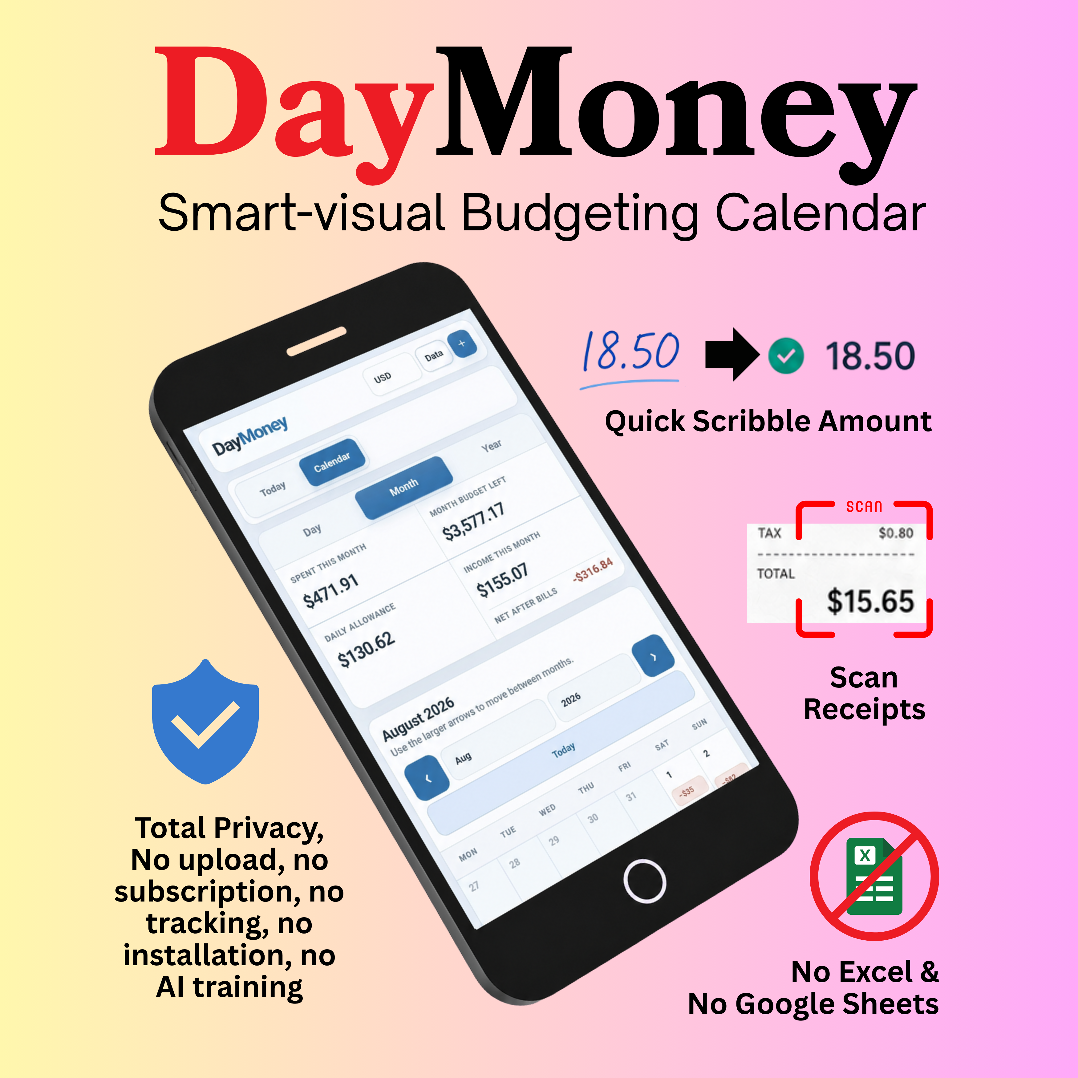 DayMoney smart visual budgeting calendar with Quick Write, receipt scanning and private local use