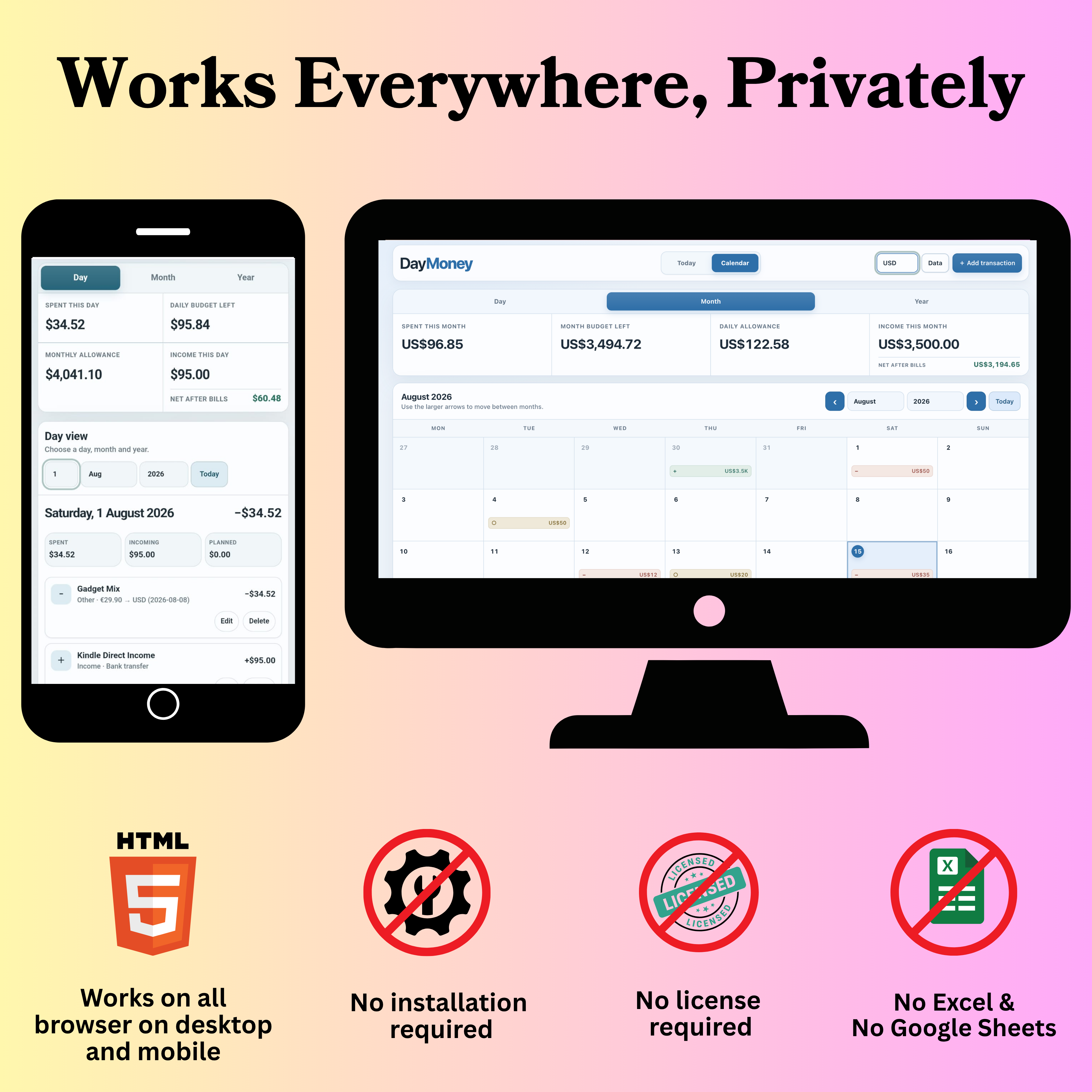 DayMoney works privately across desktop and mobile browsers with no installation or license required