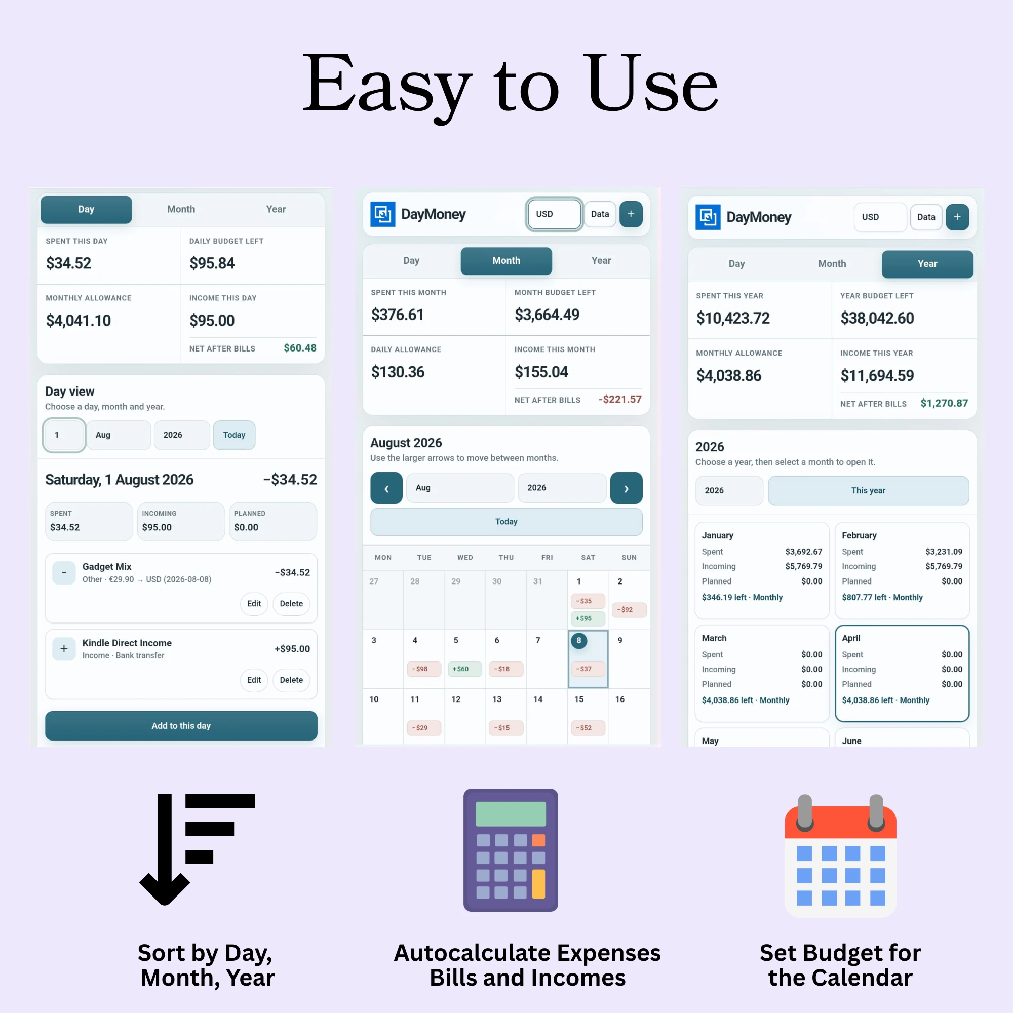 DayMoney daily, monthly and yearly calendar views with automatic expense, bill and income calculations
