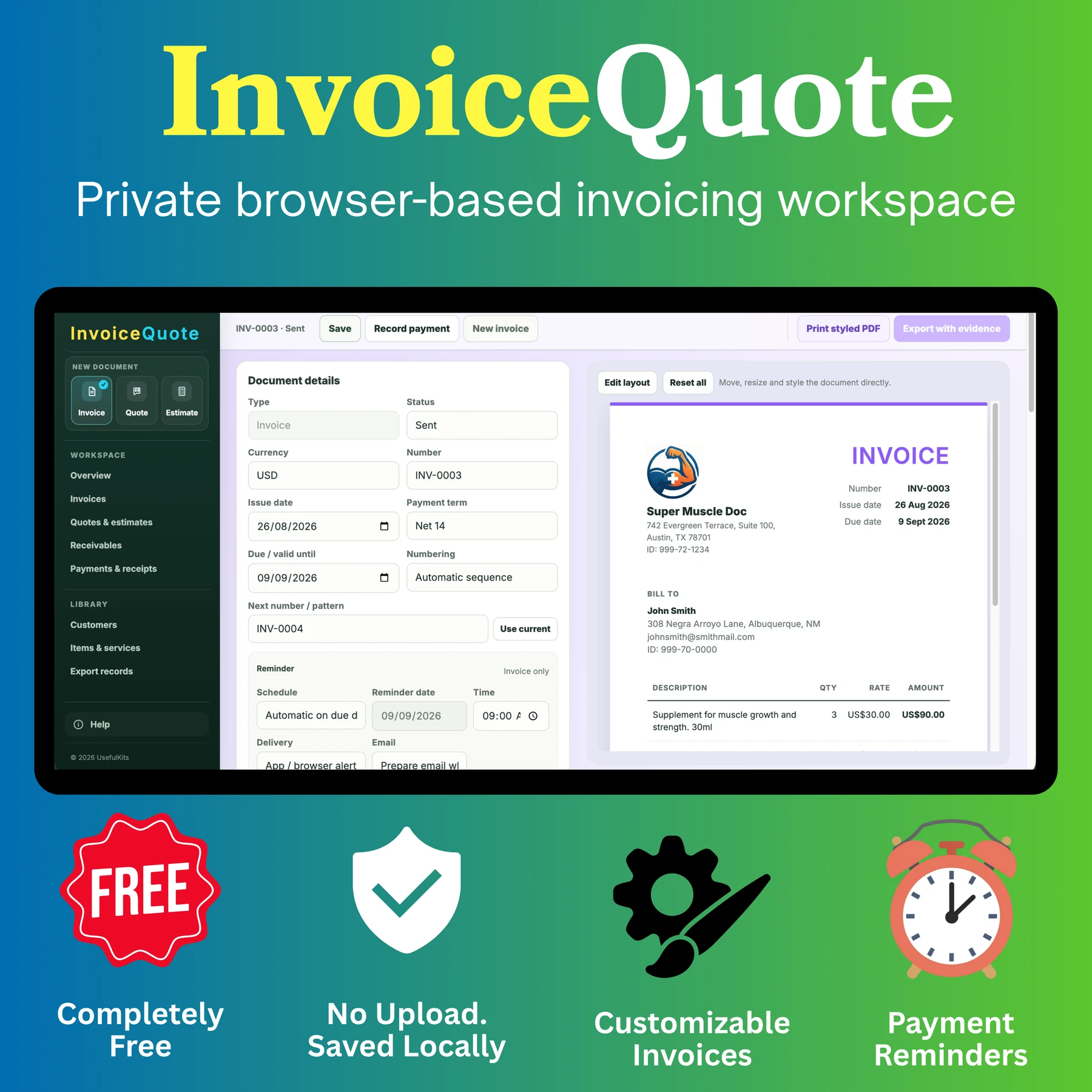 InvoiceQuote free private invoice generator workspace with customizable invoices and payment reminders