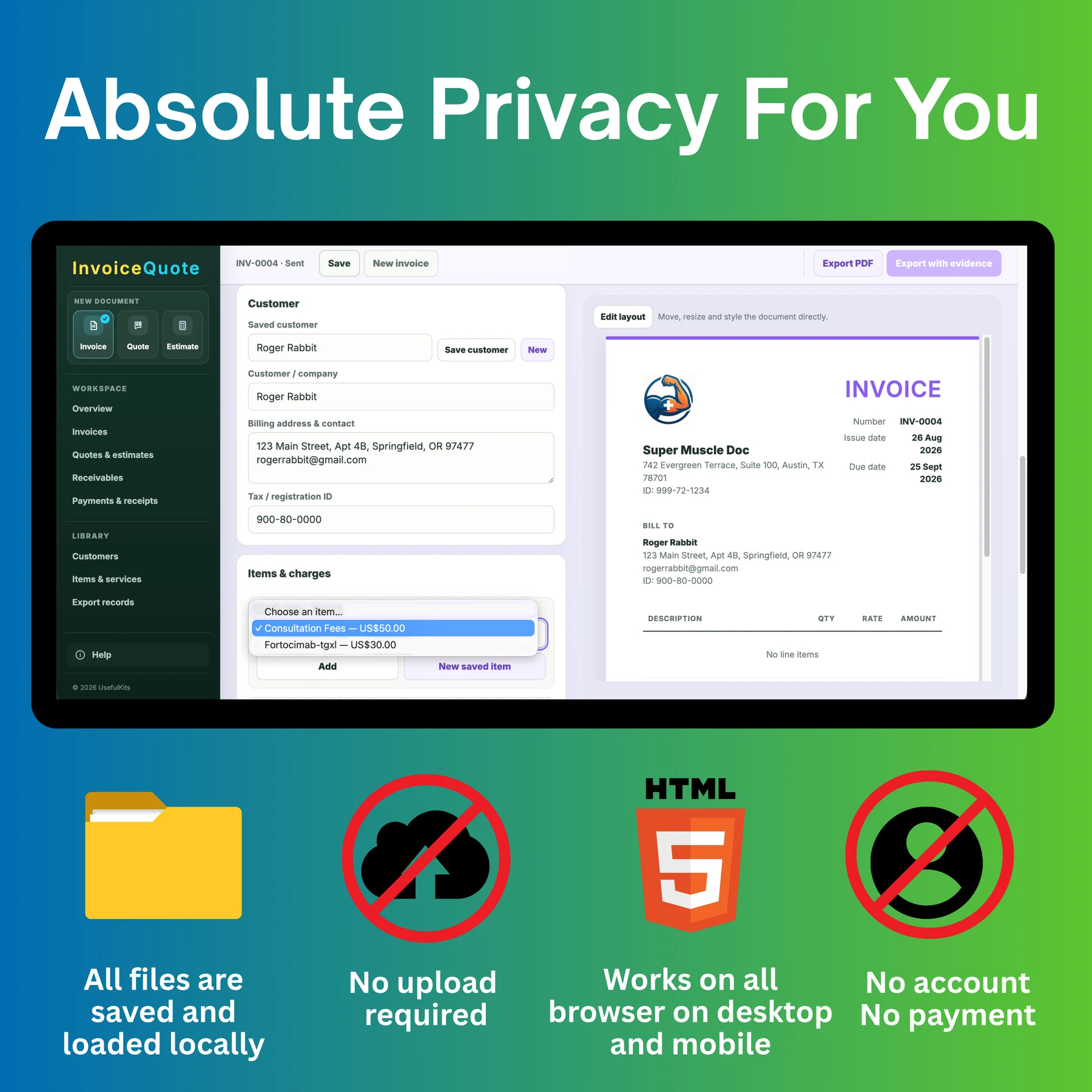 InvoiceQuote no-signup invoice maker with local browser storage, no upload and no payment required