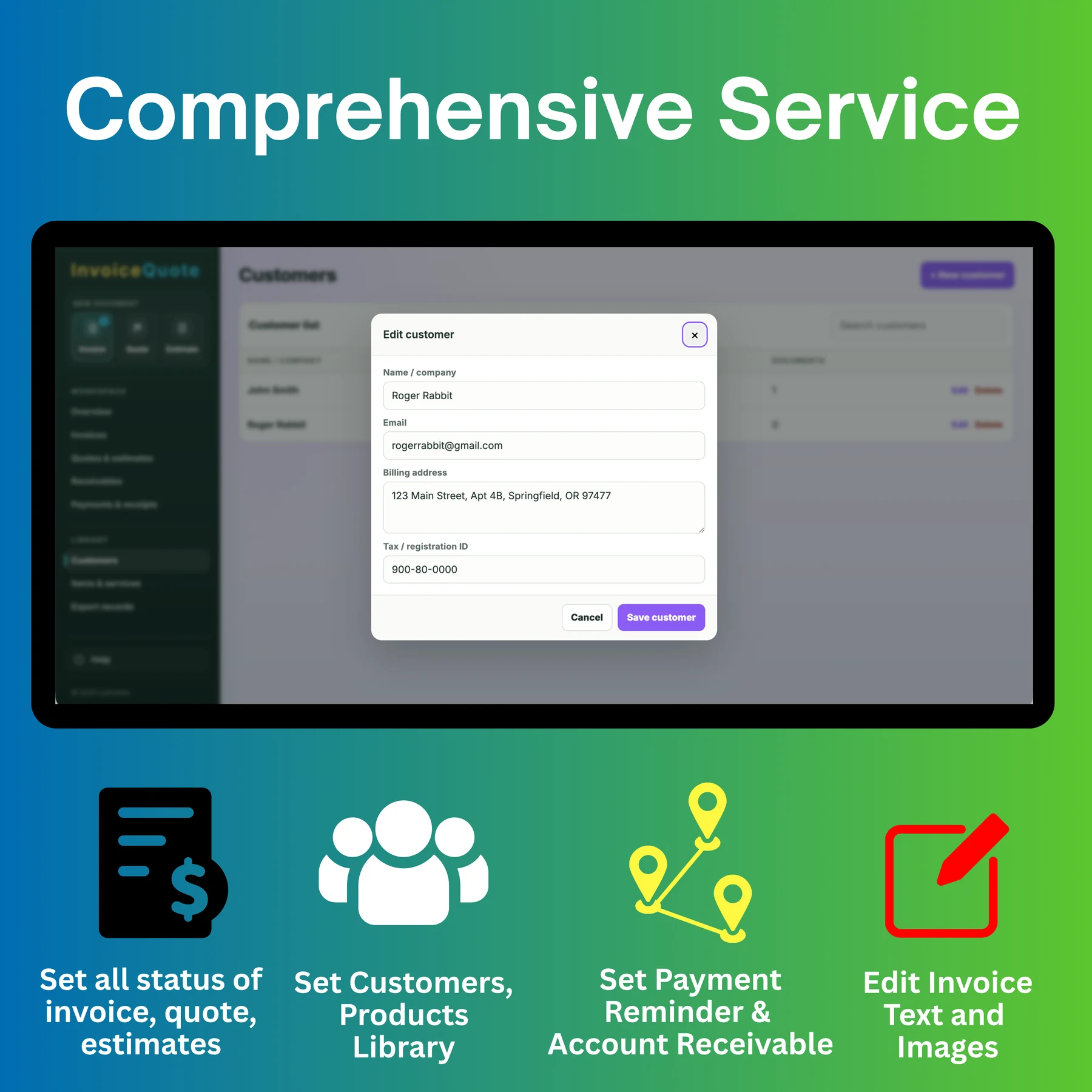 InvoiceQuote invoicing workspace with customer library, quotes, estimates, receivables and editable invoice layouts