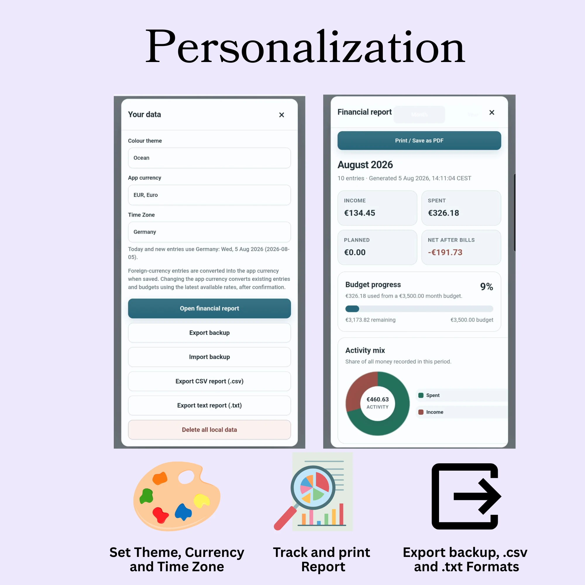 DayMoney theme, currency and time zone settings, financial reports, printing and backup exports
