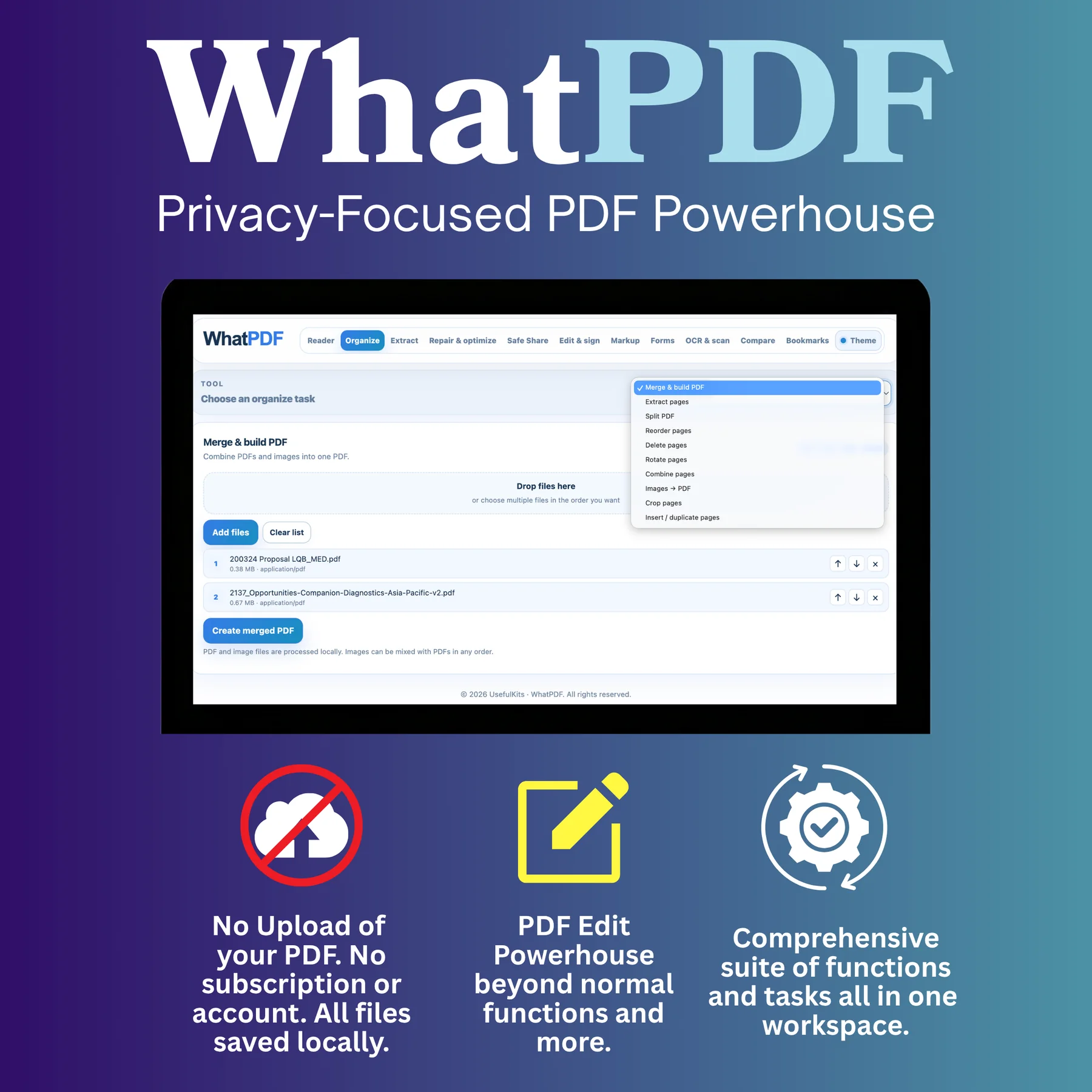 WhatPDF privacy-focused PDF workspace overview