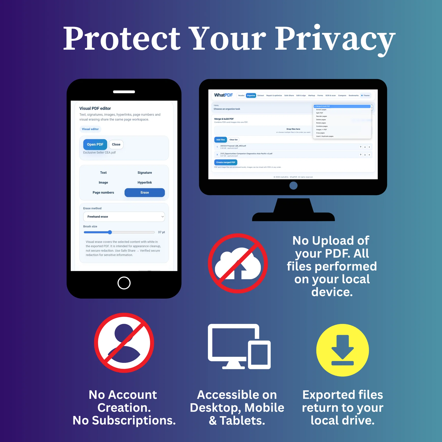 WhatPDF local privacy features with no account and no PDF upload to UsefulKits