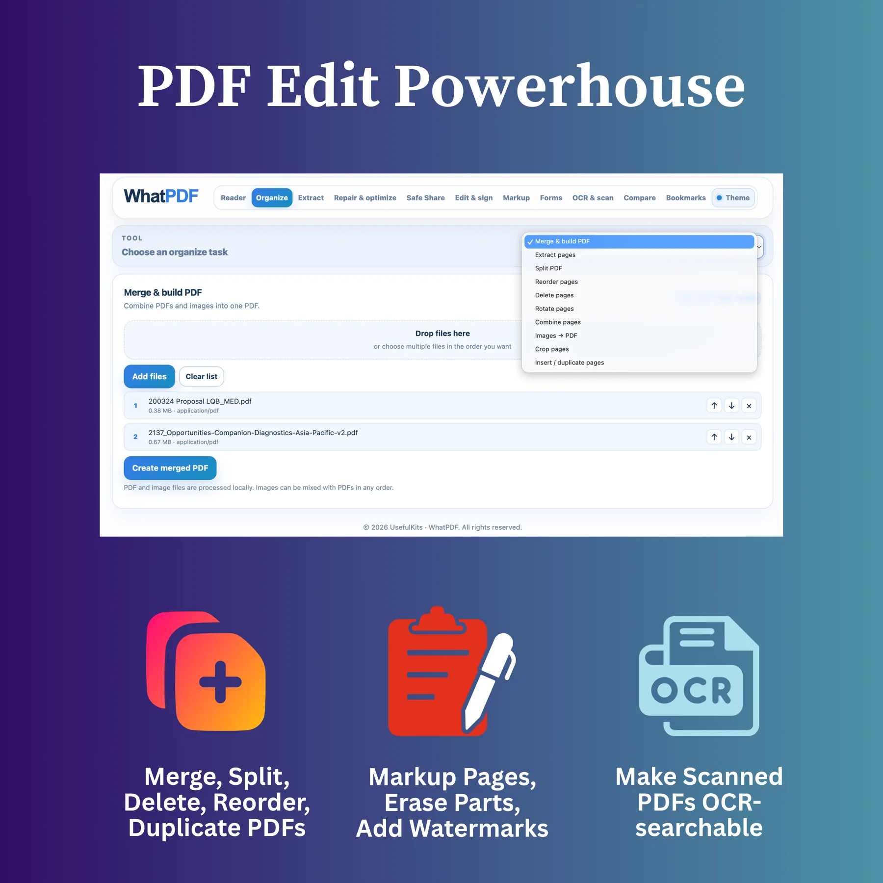 WhatPDF PDF editing and organization tools including merge, split, reorder, markup and OCR