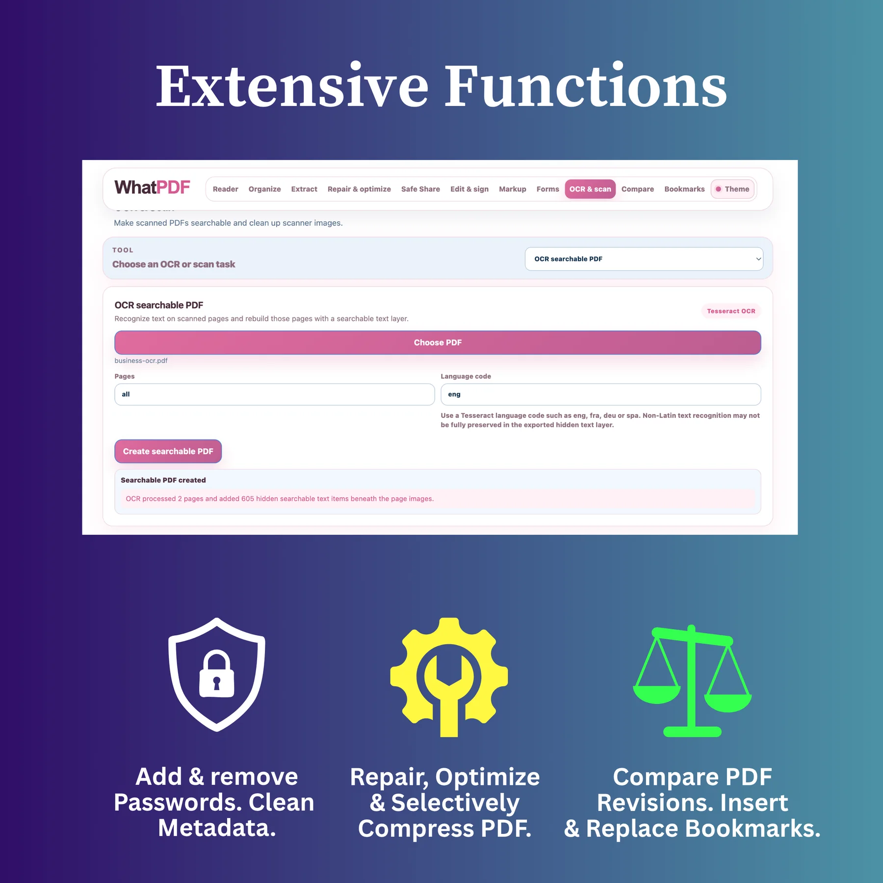 WhatPDF advanced PDF functions including passwords, metadata cleanup, repair, compression, comparison and bookmarks