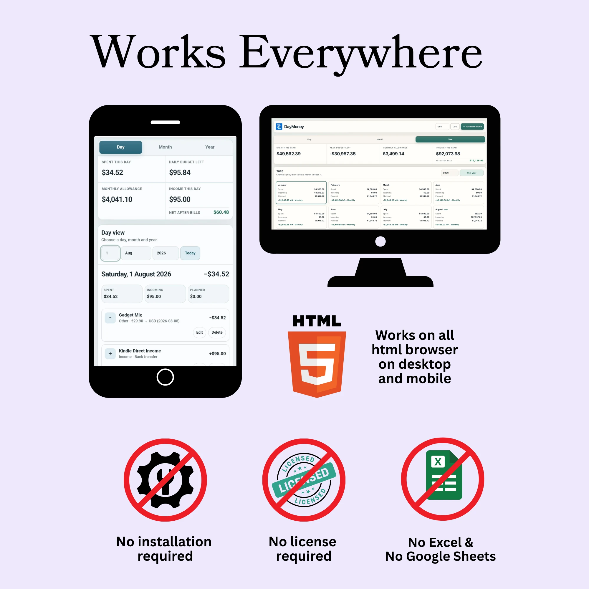 DayMoney works on desktop and mobile browsers with no installation, license key, Excel or Google Sheets required